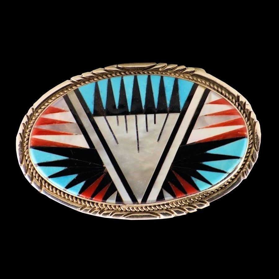 Boucle de ceinture avec Symbole Navajo en Argent 925 avec Inlay de Turquoise, Nacre et Corail