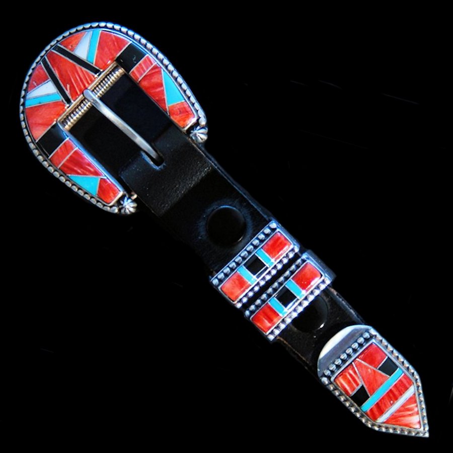 Boucle de Ceinture Ranger en Argent, Channel Inlay Turquoise, Nacre et Spondylus