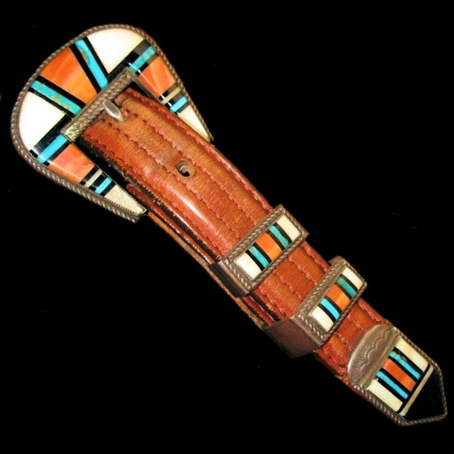 Boucle de Ceinture en Argent, Inlay Turquoise, Nacre et Spondylus