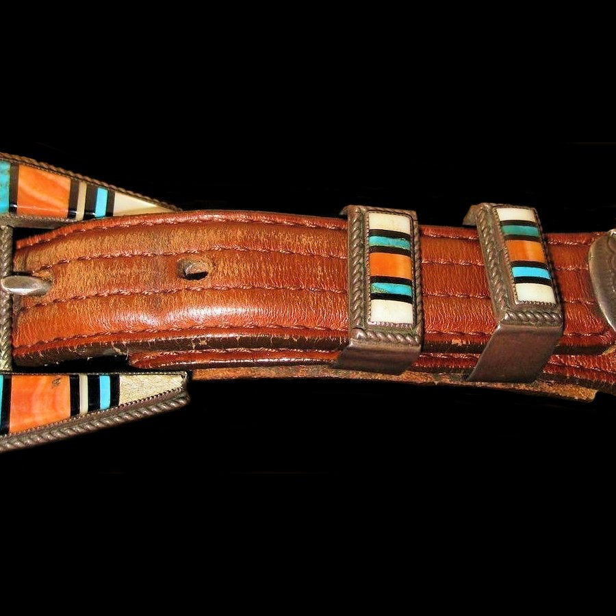 Boucle de Ceinture en Argent, Inlay Turquoise, Nacre et Spondylus