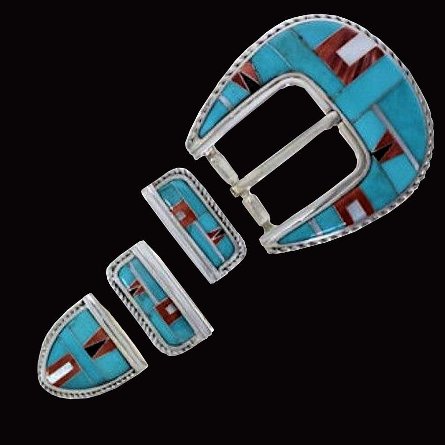 Boucle de Ceinture en Argent, Channel Inlay Turquoise et Spondylus