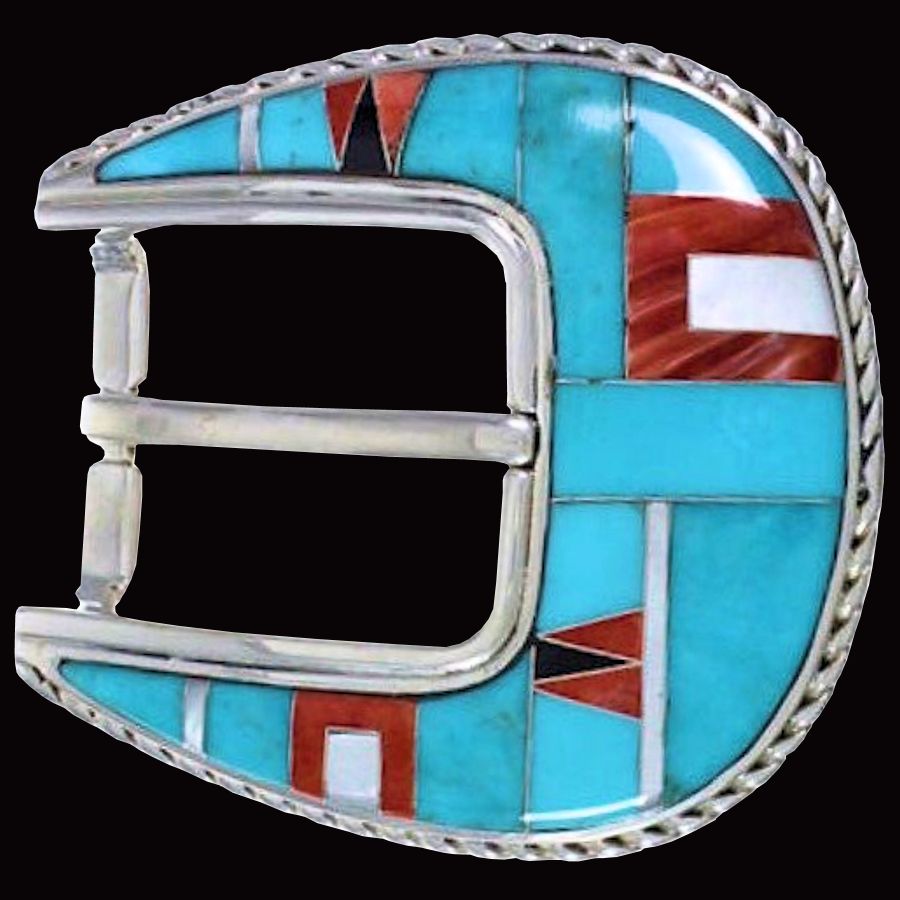 Boucle de Ceinture en Argent, Channel Inlay Turquoise et Spondylus