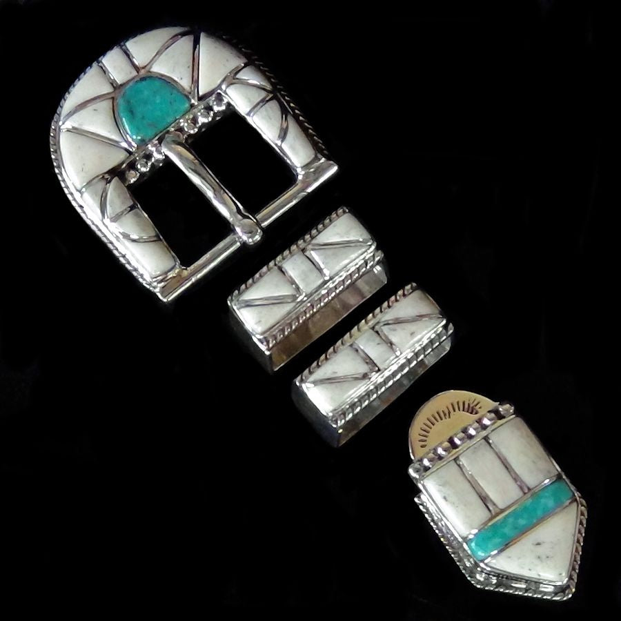 Boucle de Ceinture en Argent Navajo, Inlay Turquoise et Os