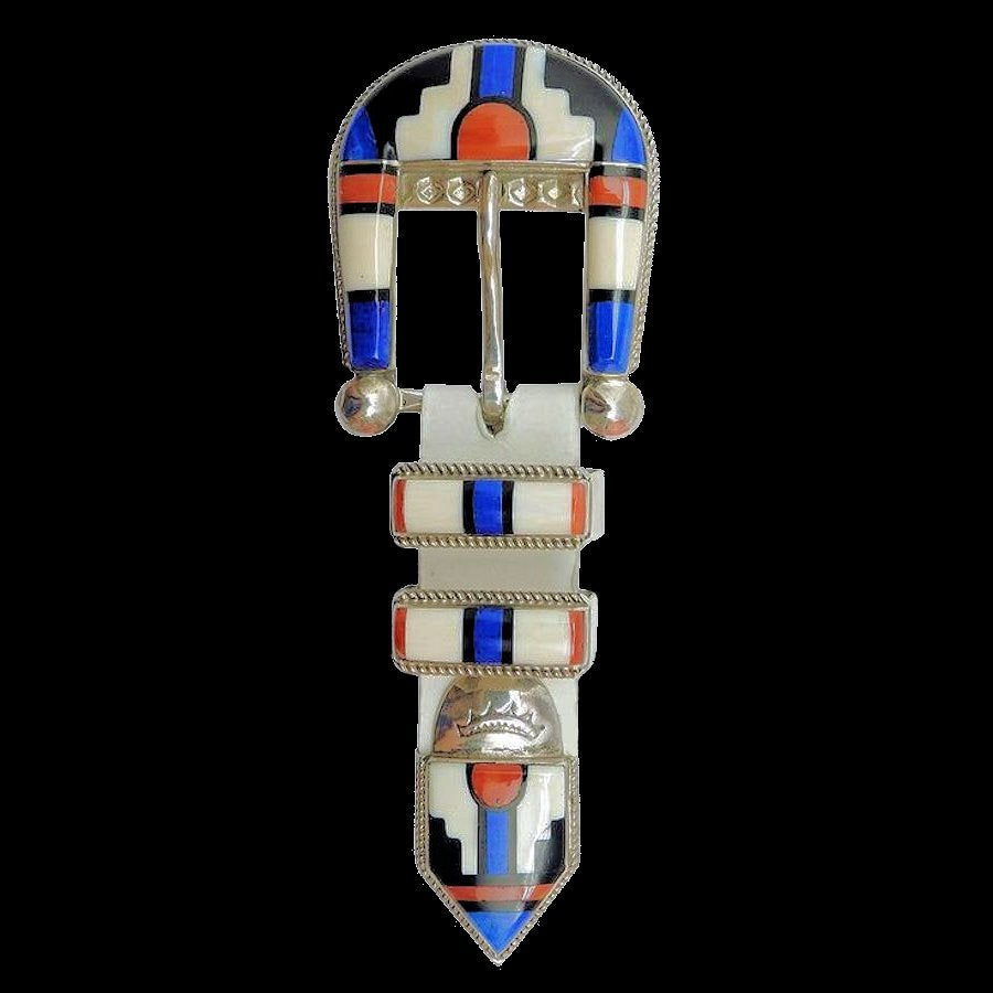 Boucle de Ceinture en Argent Navajo Symbol, Inlay Turquoise, Nacre et Spondylus
