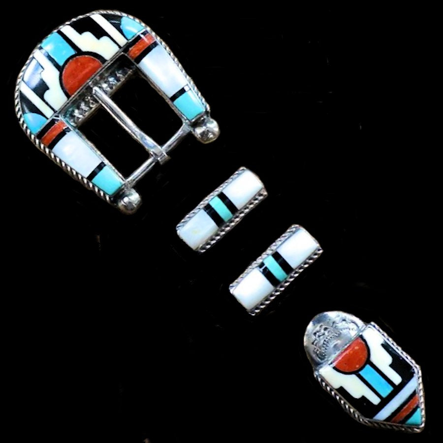 Boucle de Ceinture en Argent Navajo Symbol, Inlay Turquoise, Nacre et Spondylus
