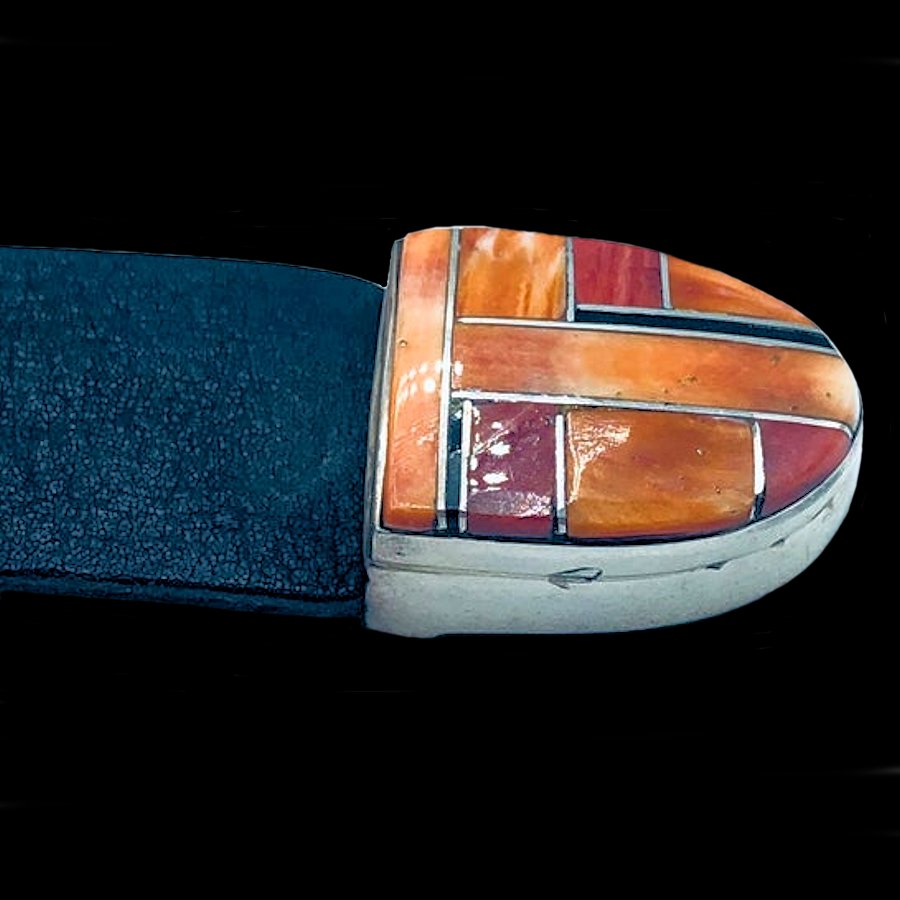 Boucle de Ceinture Ranger Channel Inlay Spondylus et Jeais Noir, en Argent