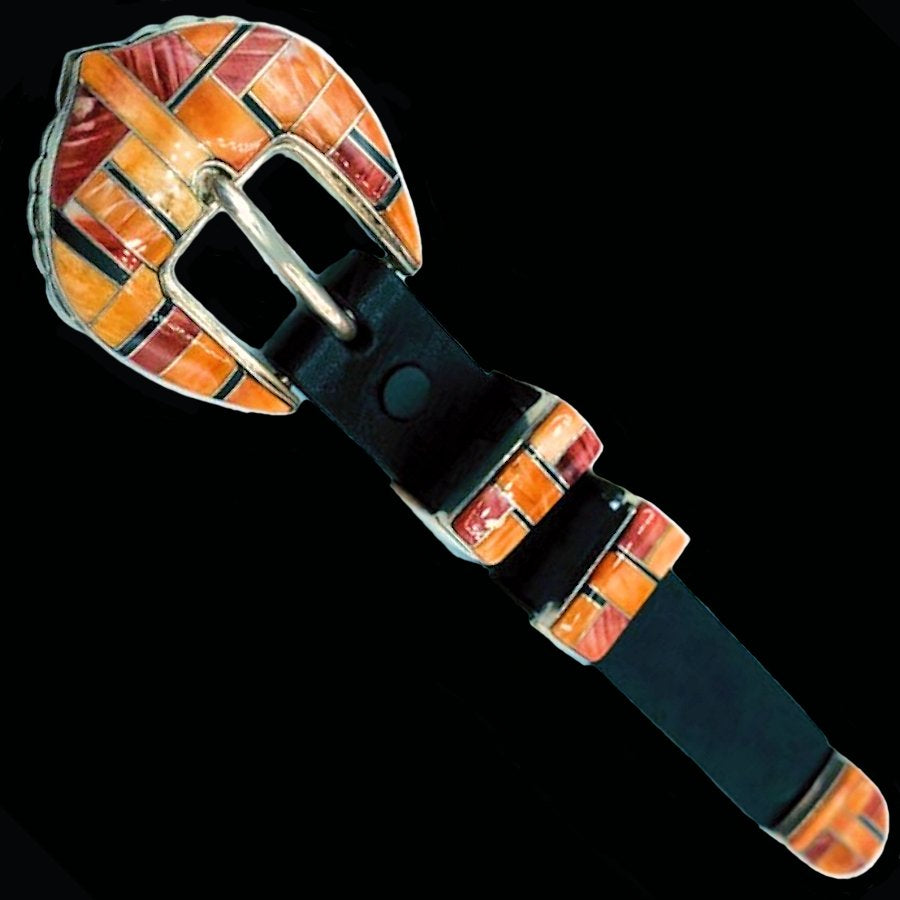 Boucle de Ceinture Ranger Channel Inlay Spondylus et Jeais Noir, en Argent