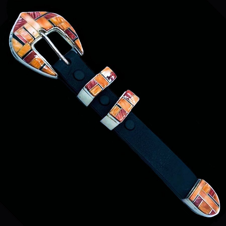 Boucle de Ceinture Ranger Channel Inlay Spondylus et Jeais Noir, en Argent