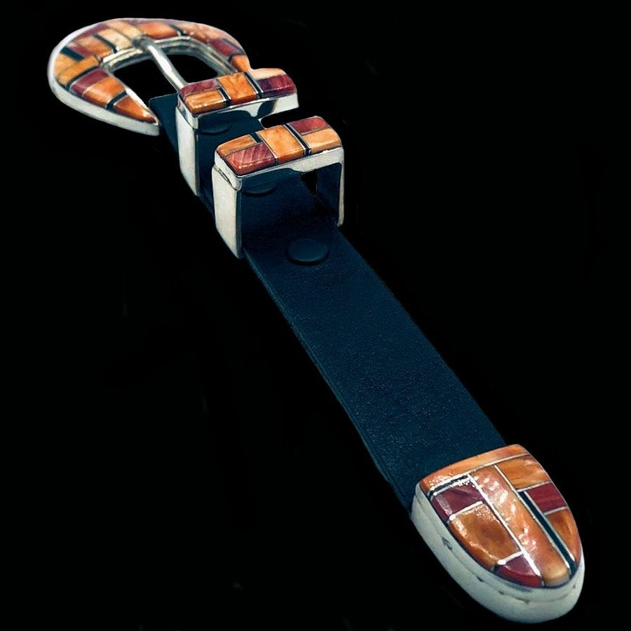 Boucle de Ceinture Ranger Channel Inlay Spondylus et Jeais Noir, en Argent