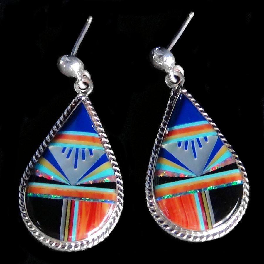 Boucles d'Oreilles Amérindiennes Zuni, Teardrops Micro Inlay
