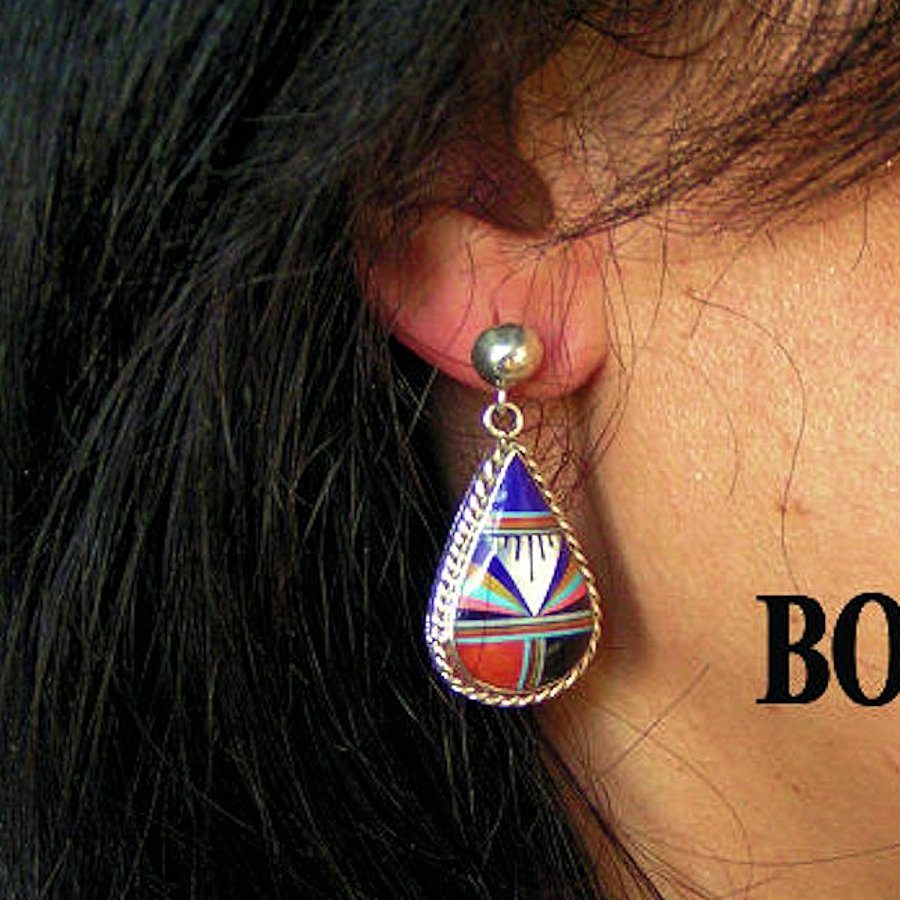 Boucles d'Oreilles Amérindiennes Zuni, Teardrops Micro Inlay