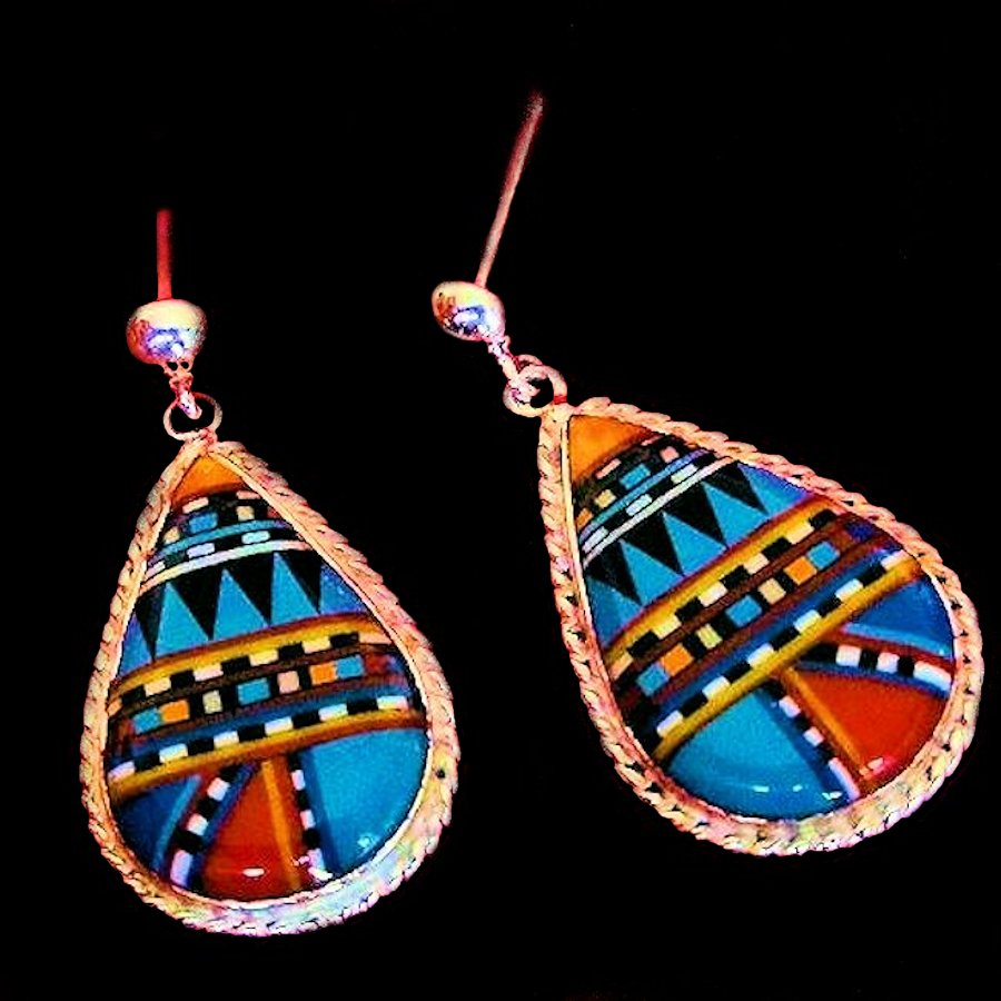 Boucles d'Oreilles Amerindiennes Zuni, Teardrops Micro Inlay