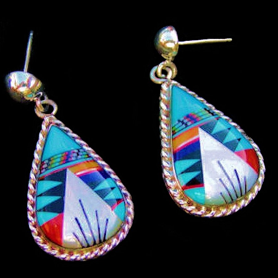 Boucles d'Oreilles Amerindiennes Zuni, Teardrops Micro Inlay