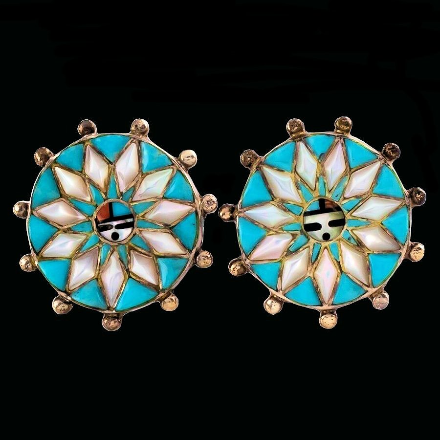 Boucles d'Oreilles Rondes Dieu Soleil Zuni Nite Yei en Argent 925