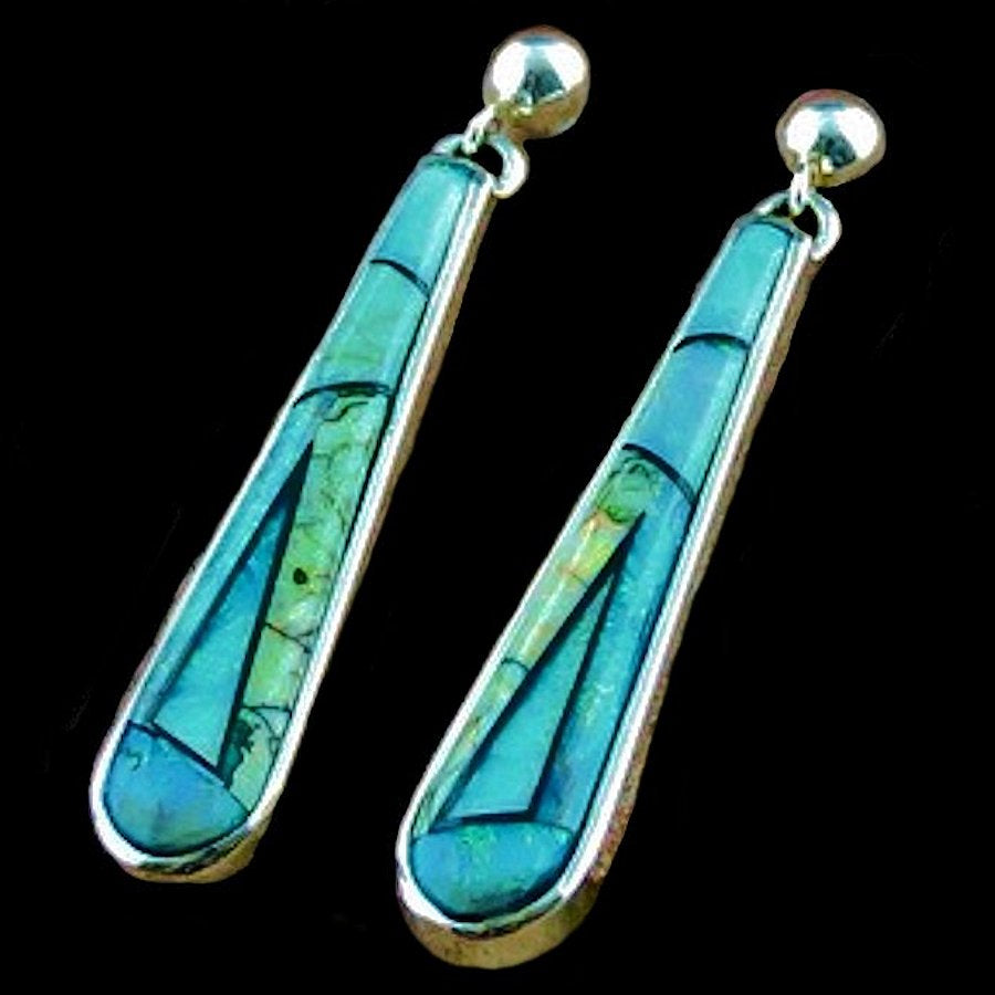 Boucles d'Oreilles Longues Turquoise et Opale Bleu