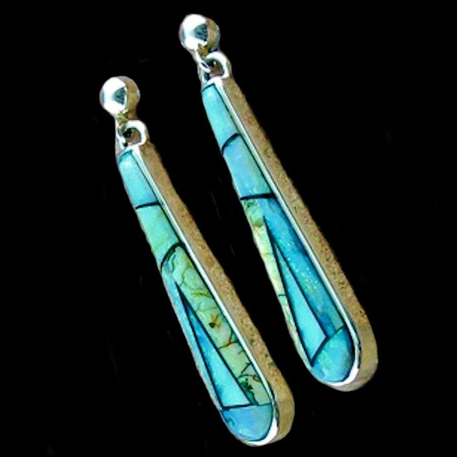 Boucles d'Oreilles Longues Turquoise et Opale Bleu