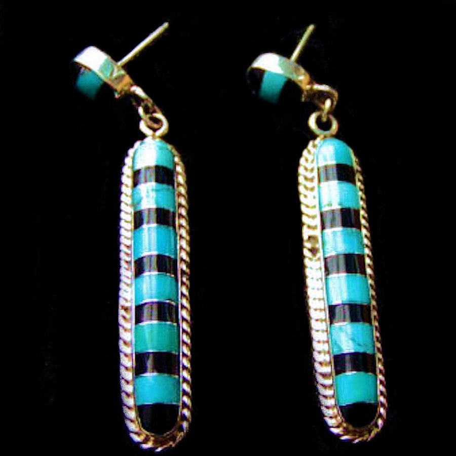 Boucles d'Oreilles Longues Amérindiennes Jeais Noir et Sleeping Beauty