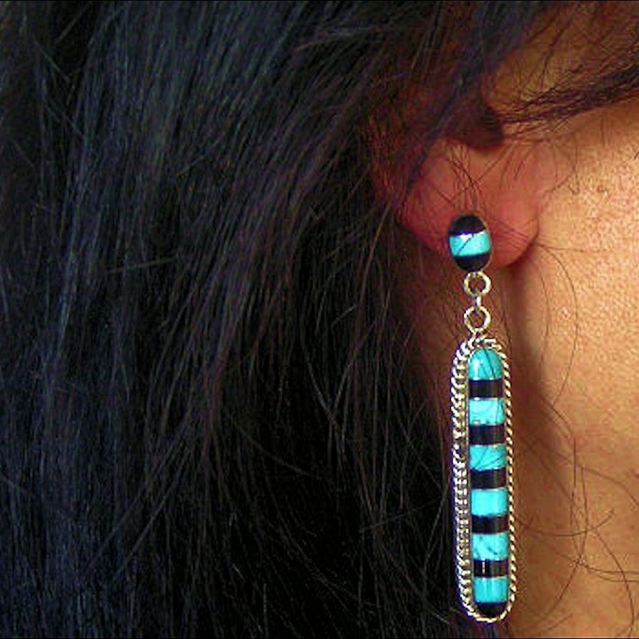 Boucles d'Oreilles Longues Amérindiennes Jeais Noir et Sleeping Beauty