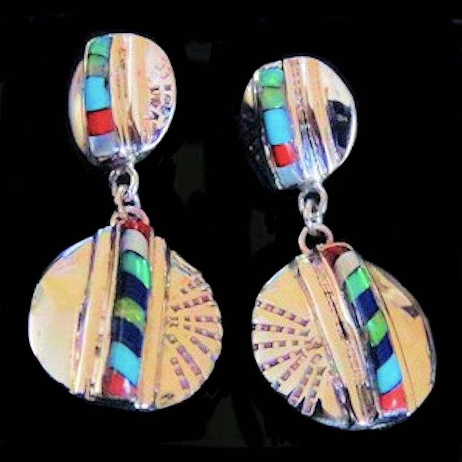 Boucles d'Oreilles Amérindiennes Zuni Rondes Pierres semi précieuses