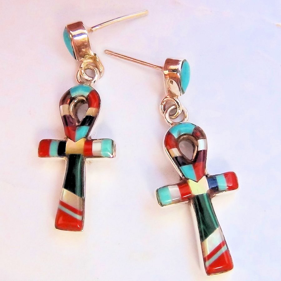 Boucles d'Oreilles en Argent et Pierres Croix de Vie Egyptienne ÂNKH