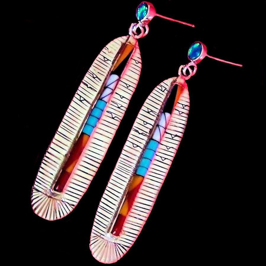 Boucles d'Oreilles Amérindiennes Plume, Longues, Micro Inlay