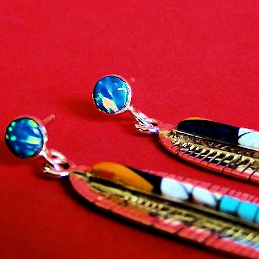 Boucles d'Oreilles Amérindiennes Plume, Longues, Micro Inlay