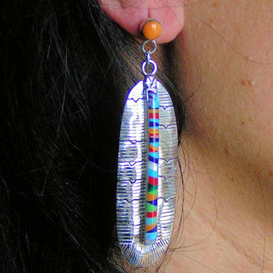 Boucles d'Oreilles Amérindiennes Plume, Longues, Micro Inlay