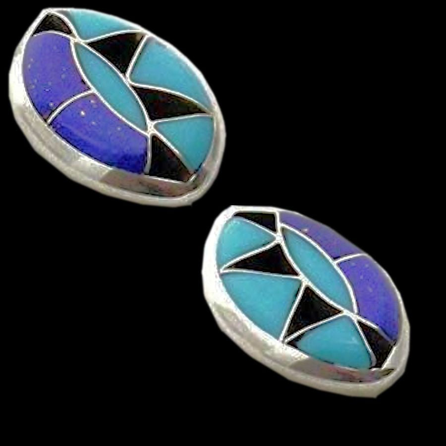 Boucles d'Oreilles Symbole Zuni, en Argent, Turquoise et Lapis Lazuli