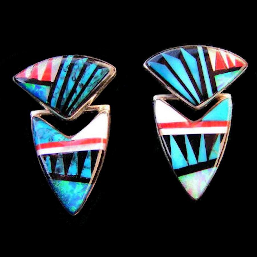 Boucles d'Oreilles Pointe de Flèche en Argent et Pierres, Motif Navajo