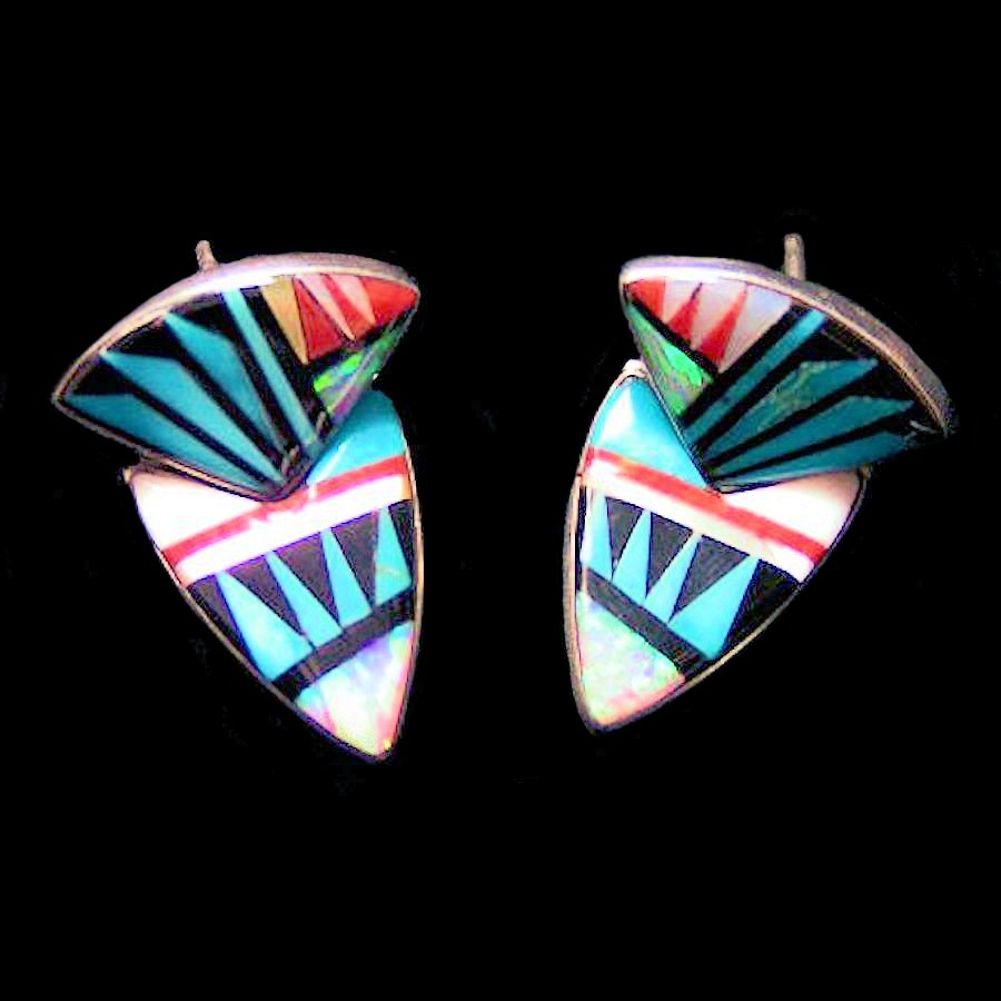 Boucles d'Oreilles Pointe de Flèche en Argent et Pierres, Motif Navajo