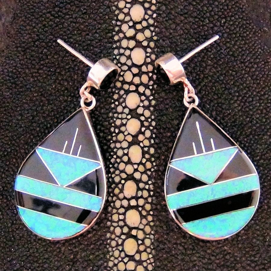 Boucles d'Oreilles Zuni Teardrops, Jeais noir et Opal