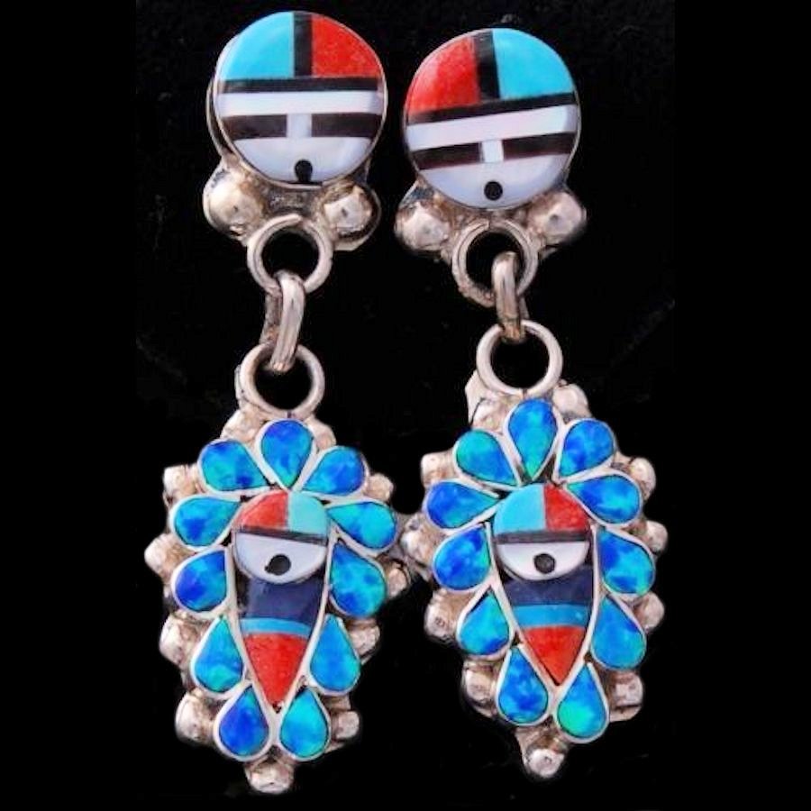 Boucles d'oreilles Zuni Yumei Tei, Opale Bleu et Corail