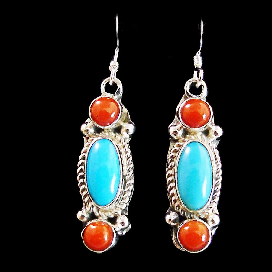 Boucles d'oreilles pendantes en argent avec corail et turquoise