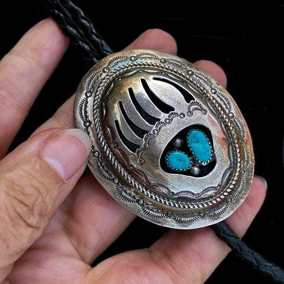 Bolo-Tie Patte d'Ours en Argent et Turquoise
