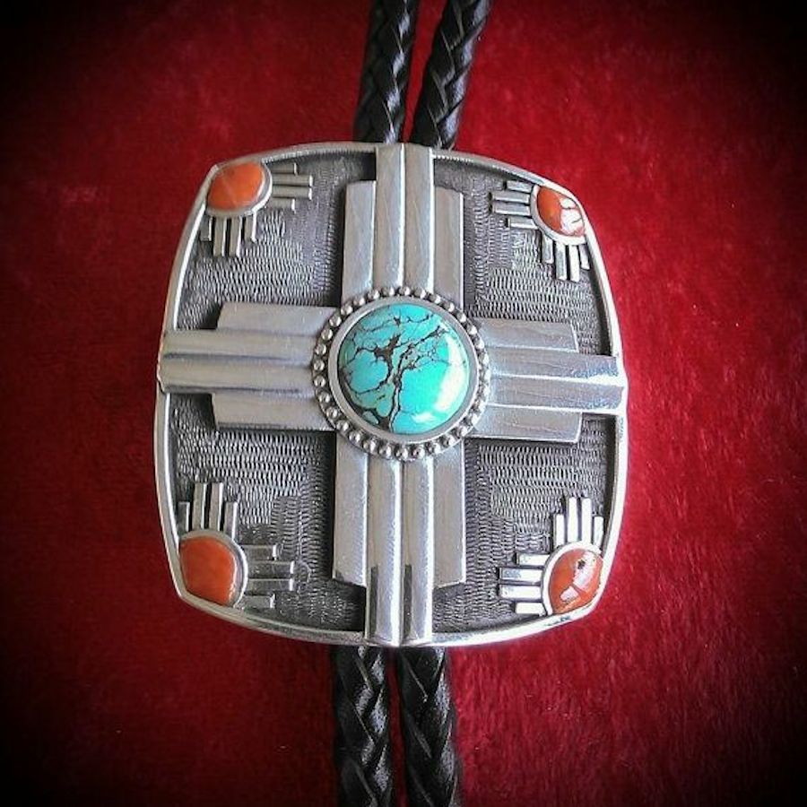 Bolo-Tie Croix Zia en Argent,Turquoise et Corail