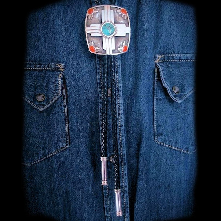 Bolo-Tie Croix Zia en Argent,Turquoise et Corail