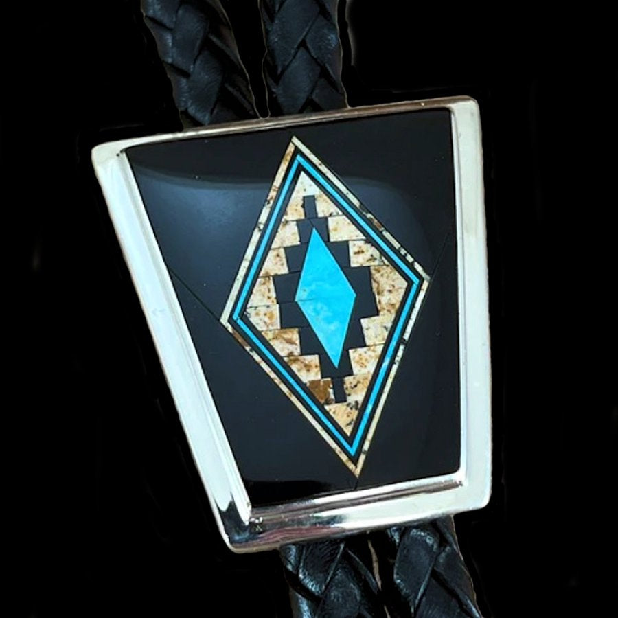 Bolo-Tie Inlay Symbole Navajo en Argent,Turquoise et Jeais