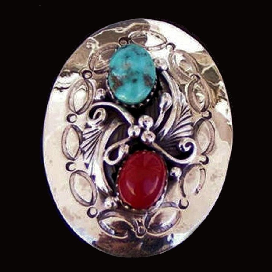 Bolo Tie Ovale Navajo en Argent, Turquoise et Corail Rouge