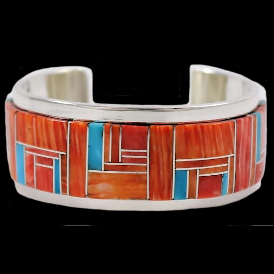 Bracelet Channel Inlay en Argent, Turquoise et Spondylus