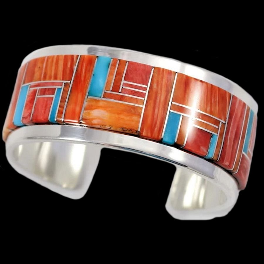 Bracelet Channel Inlay en Argent, Turquoise et Spondylus