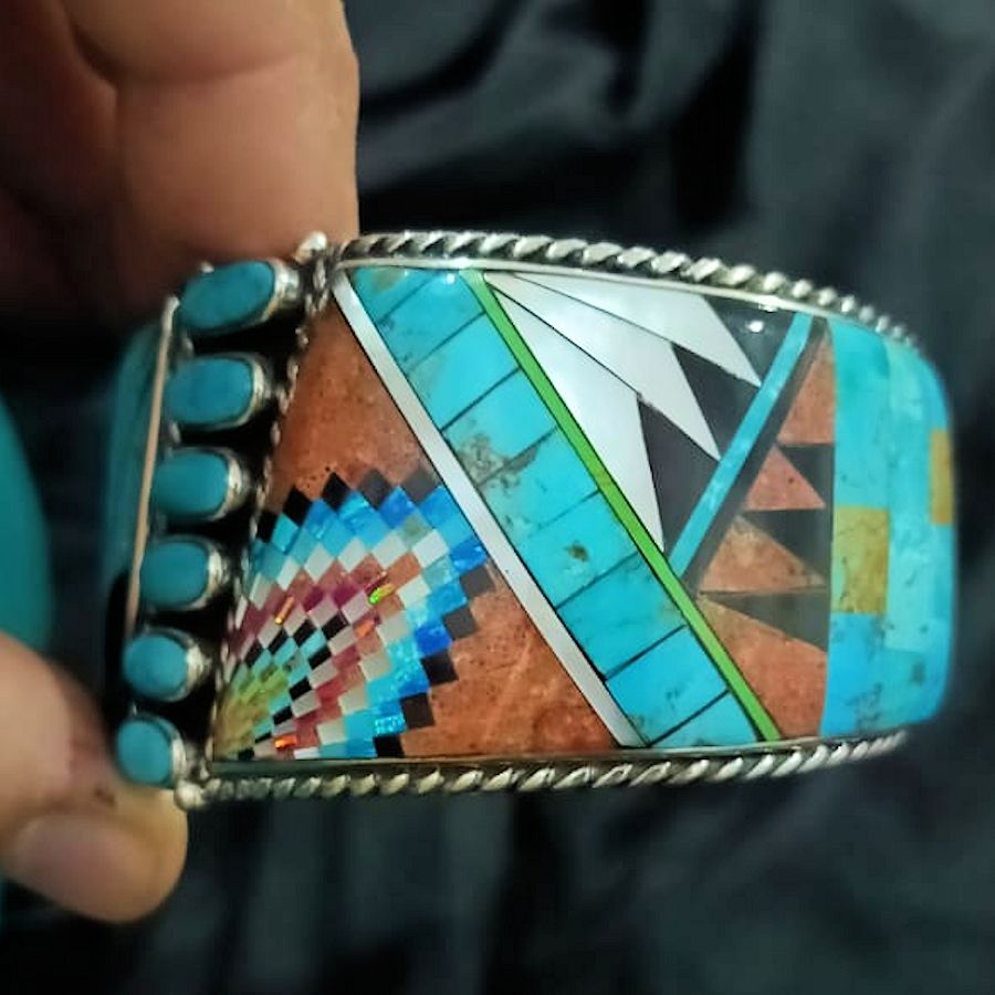 Bracelet Amerindien Zuni Pierres &amp; 6 Turquoises en Argent
