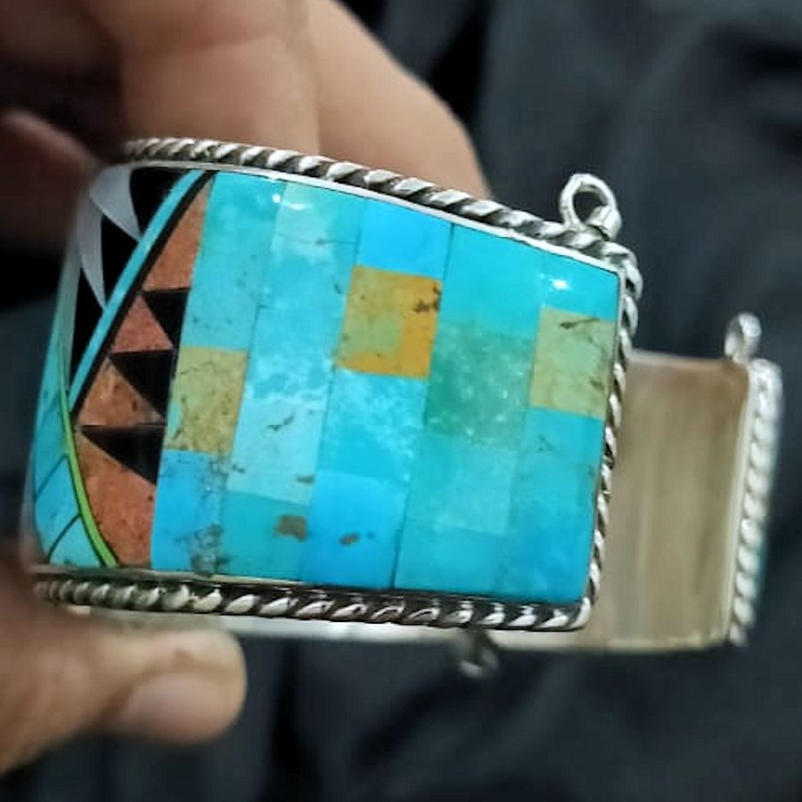 Bracelet Amerindien Zuni Pierres &amp; 6 Turquoises en Argent