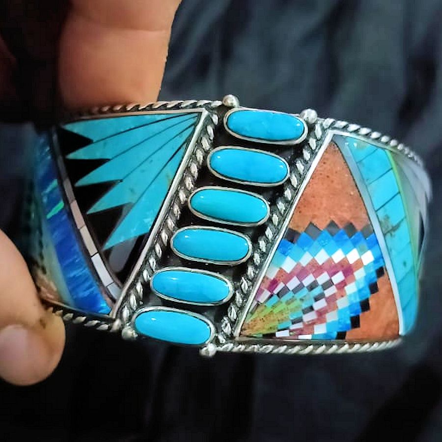 Bracelet Amerindien Zuni Pierres &amp; 6 Turquoises en Argent
