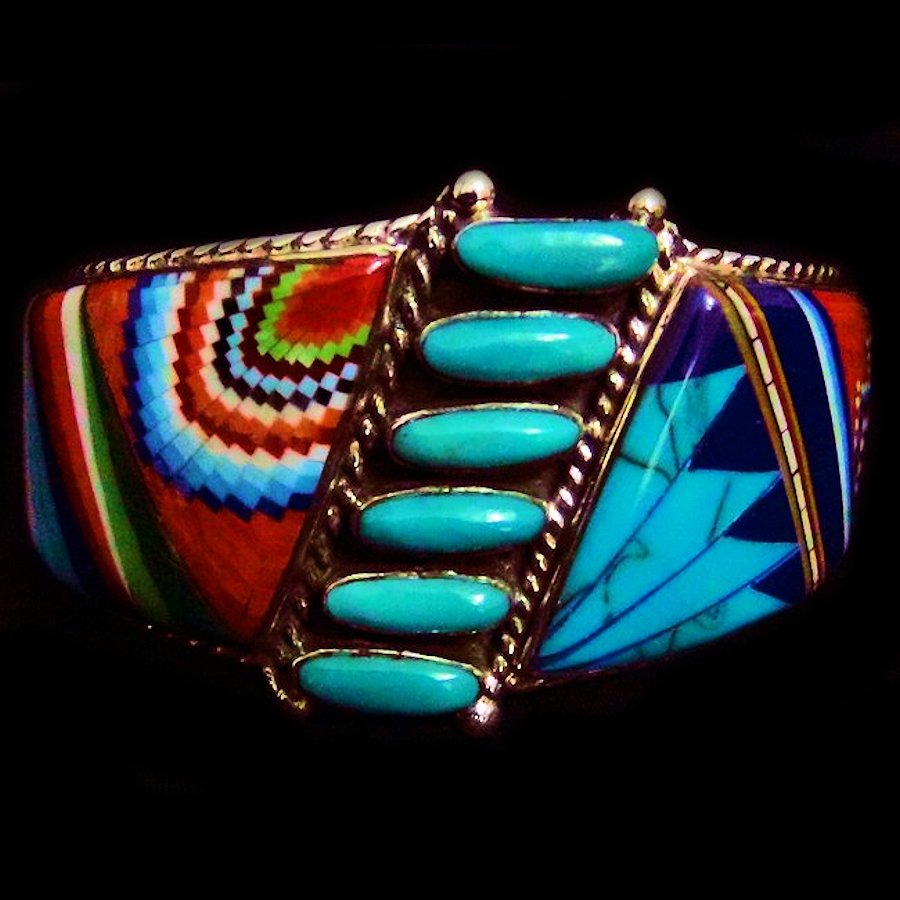 Bracelet Amerindien Zuni Pierres &amp; 6 Turquoises en Argent