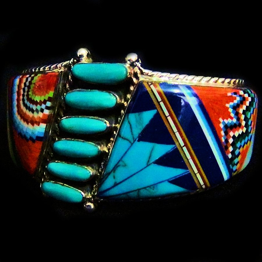 Bracelet Amerindien Zuni Pierres &amp; 6 Turquoises en Argent