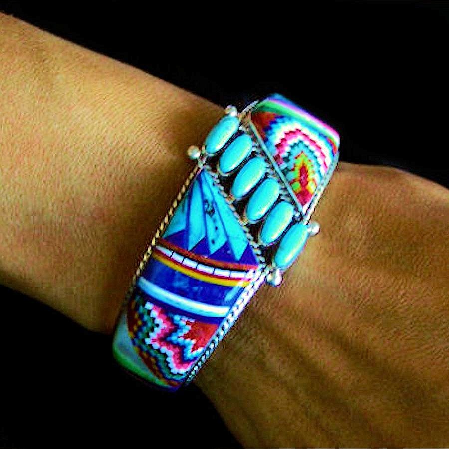 Bracelet Amerindien Zuni Pierres &amp; 6 Turquoises en Argent