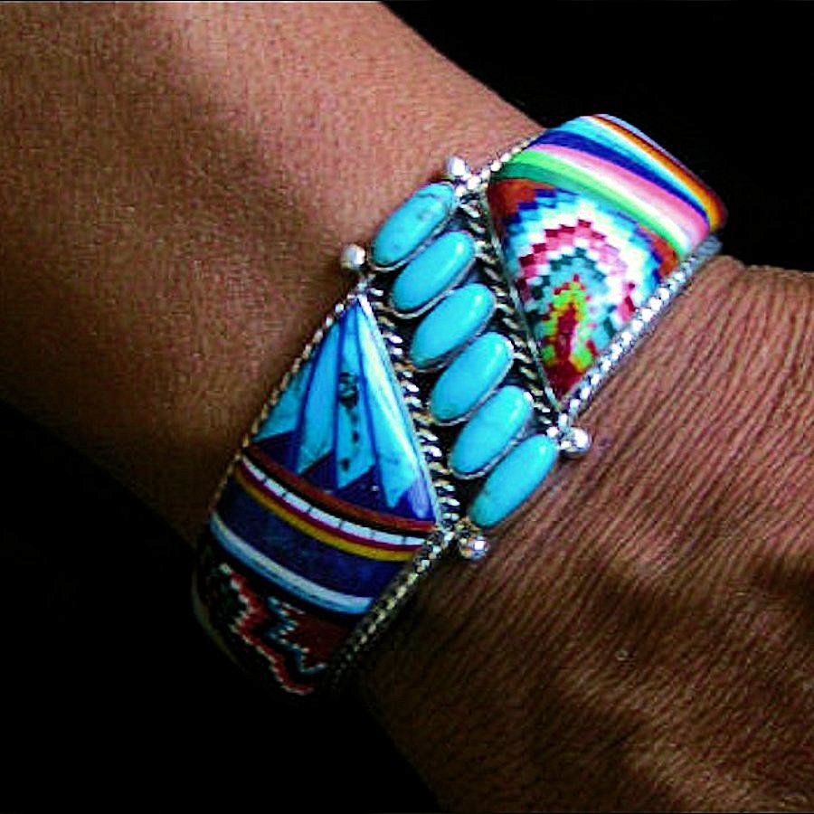 Bracelet Amerindien Zuni Pierres &amp; 6 Turquoises en Argent