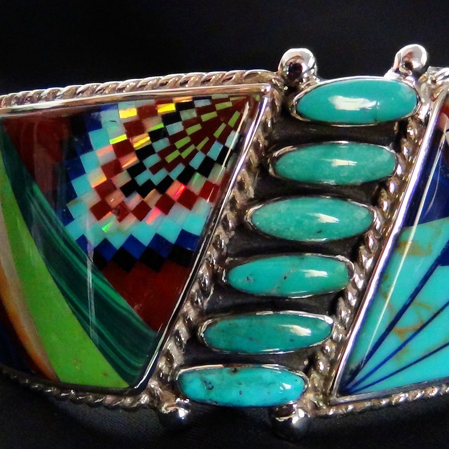 Bracelet Amerindien Zuni Pierres &amp; 6 Turquoises en Argent