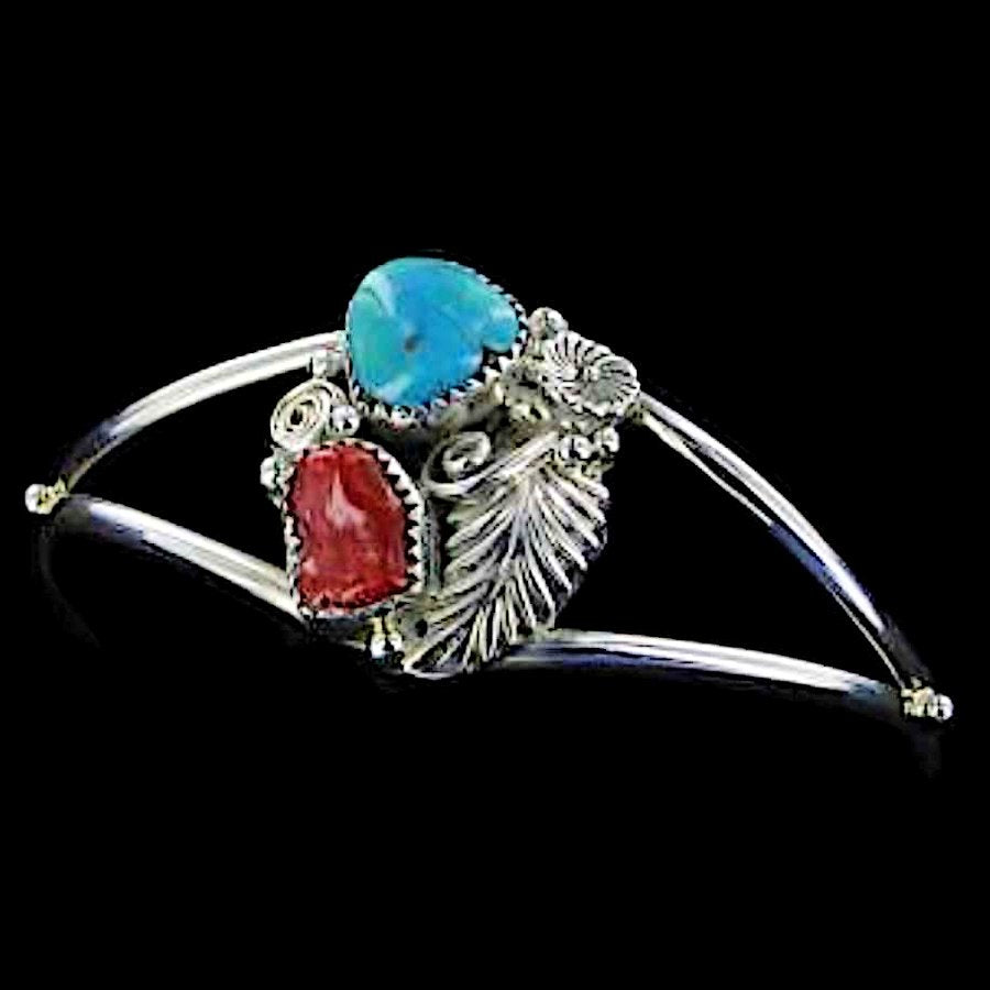 Bracelet en argent sterling orné de turquoise, corail et plume