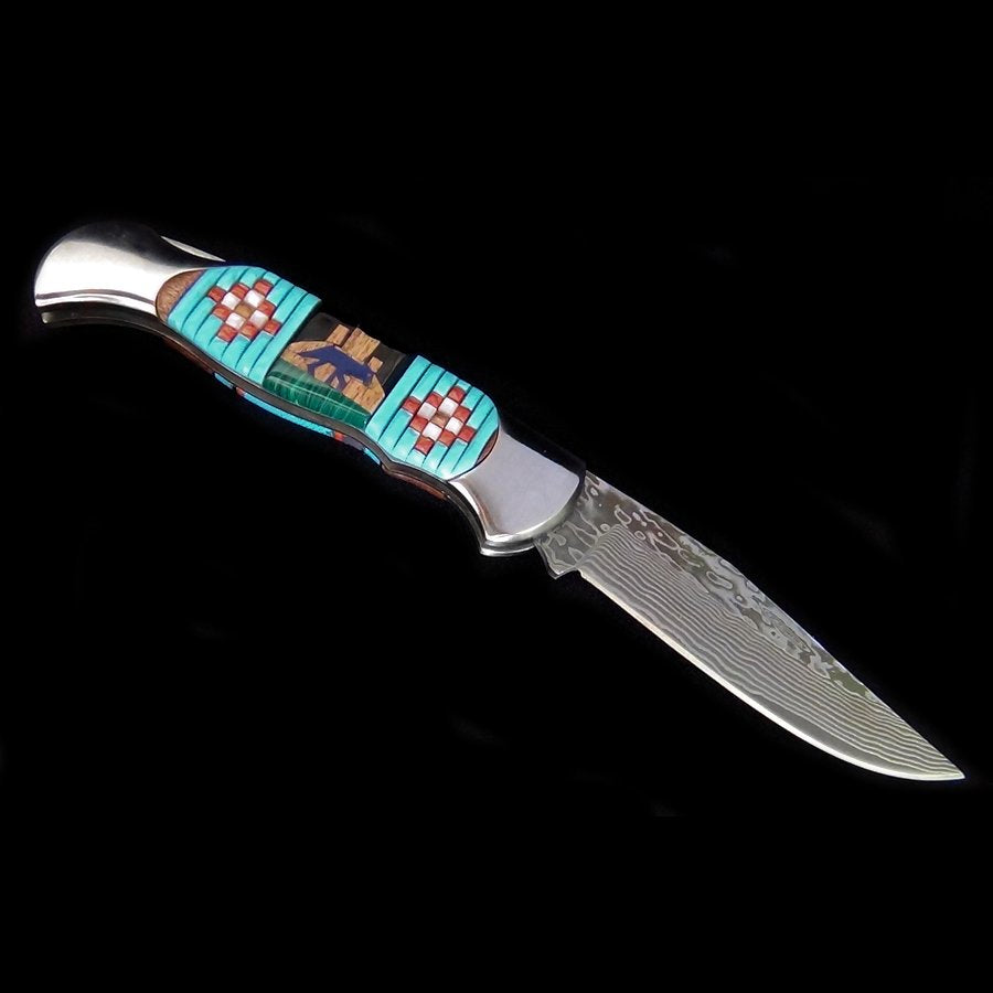 Couteau Pliant Manche en Accacia, Turquoise et Nacre